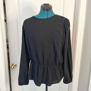 GAP Crew Neck Polka Dot Textured Long Sleeve Lined Peplum True Black Blouse